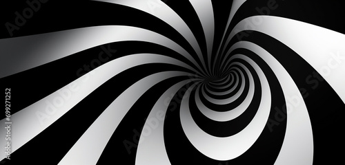 An abstract optical illusion featuring a hypnotic spiral tunnel with black and white lines  rendered in a glossy chrome finish that reflects surrounding colors  vector illustration.