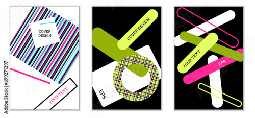 Geometric cover design, set of 3 covers. Abstract unusual background in Memphis style. Bright geometric shapes in random order