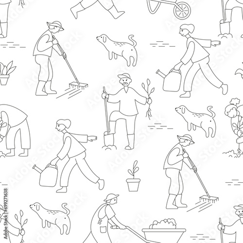 Cute black and white seamless pattern Spring work in the garden.On the farm countryside ,background for coloring page.Family planting plants, working in the garde.Agriculture collection. Organic farm