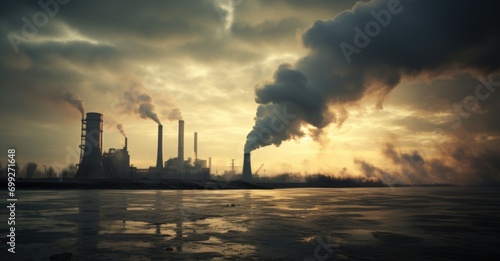 Power plant with smoking chimneys against a blue sky. The coal power industry produces electricity by burning coal