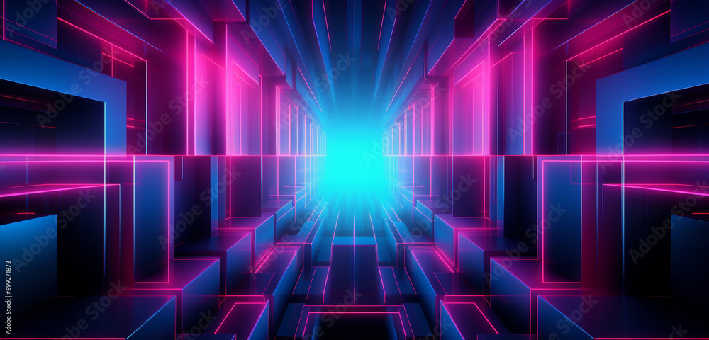 Three-dimensional vector illustration reimagining an abstract optical illusion with a futuristic neon glow in electric blues and pinks.