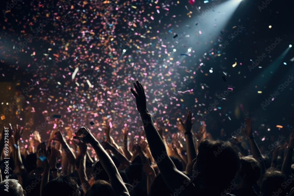 Nightclub party clubbers with hands in air and confetti