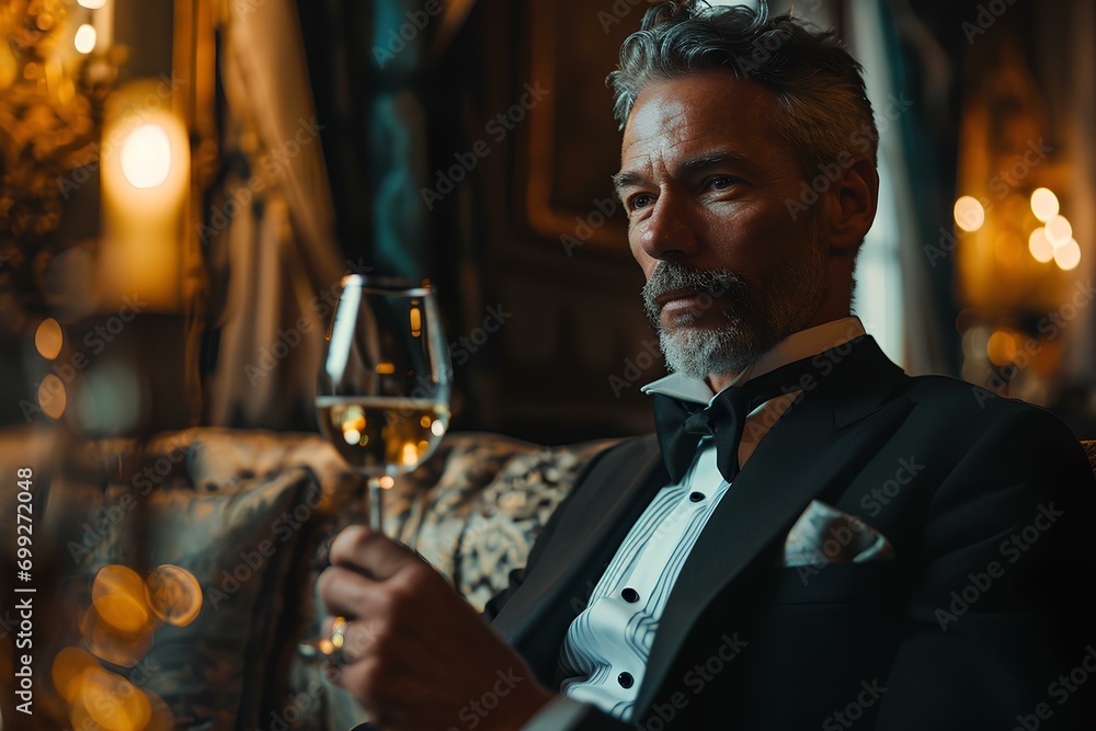 an elegant middle-aged man in a tuxedo with a toast on luxurious hotel reception background. generative AI