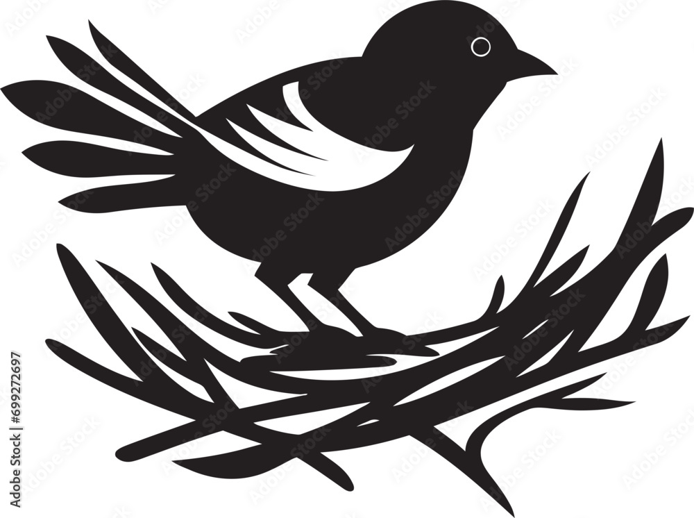 Obraz premium Winged Craftsman Vector Nest Emblem Aerial Nesting Black Bird Icon Design