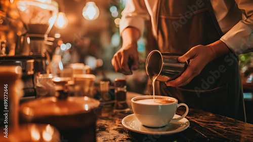Barista pouring milk into a white coffee cup in a cozy café