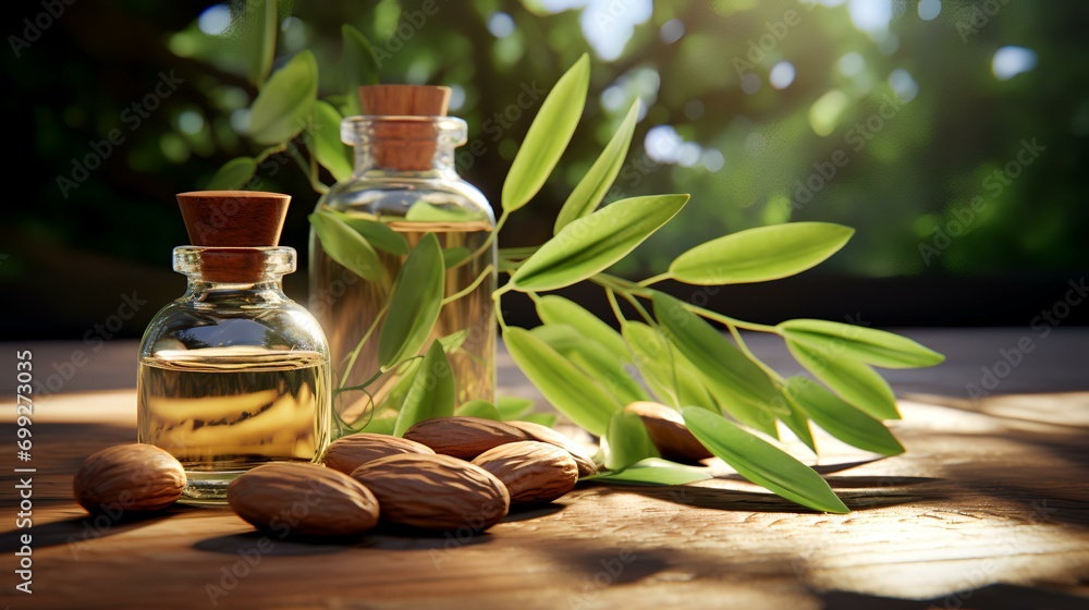 Almond oil in small bottles on wooden table with green leaves. Almond oil in small bottles on wooden table with green leaves.