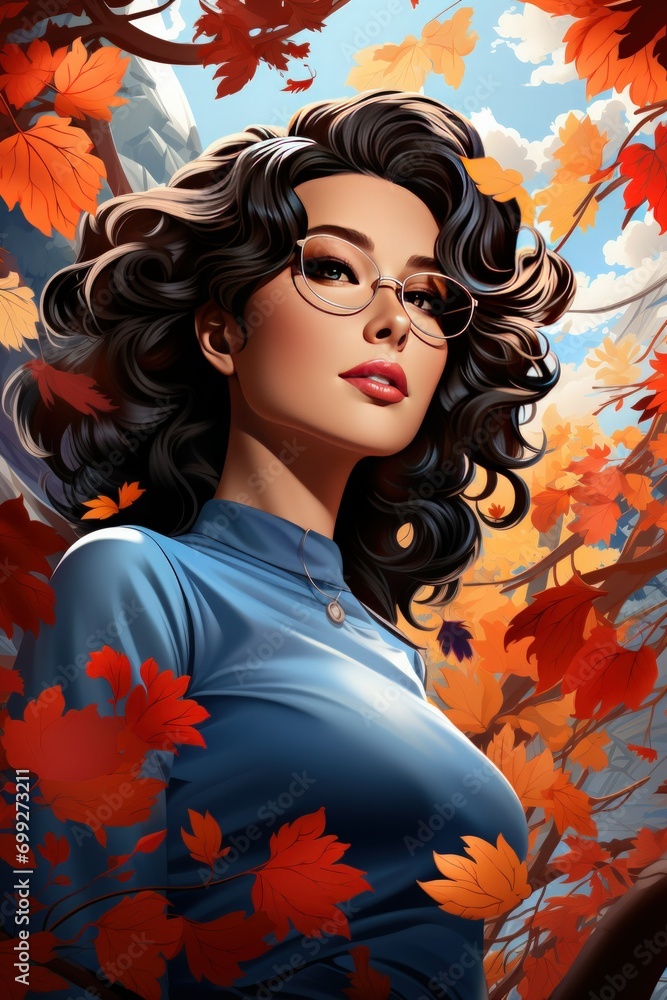 Stylish woman with long black hair surrounded by vibrant autumn leaves