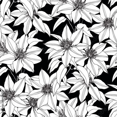 Floral vector seamless pattern twig flowers of Clematis white fill on black background. Hand drawn. Monochrome. Textiles  paper  wallpaper  decoration  fabric