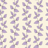 Vector seamless pattern twig with leaves. Line art elements purple and beige. Hand drawn illustration. Background for design packaging textile wallpaper fabric paper