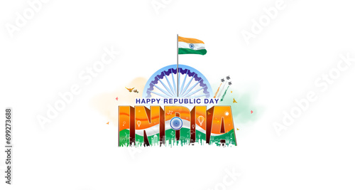 Republic day of new India poster with green city, skyline, futuristic technology and developmet. photo