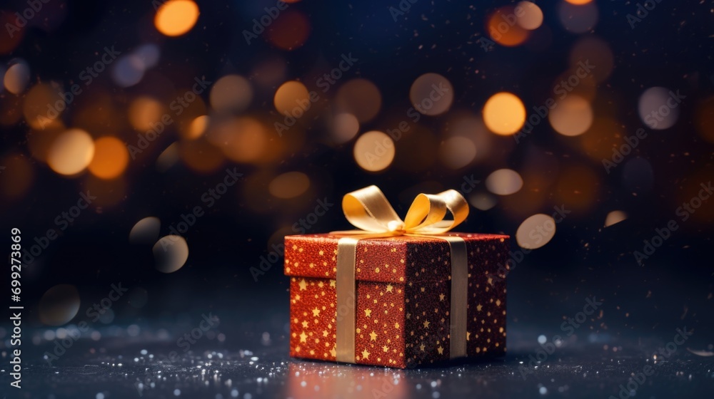 red christmas gift box with gold ribbon, in front of blurred christmas background
red christmas gift box with gold ribbon, in front of blurred christmas background