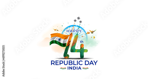 Vector poster design for 74th republic day India. patrioptic parade background freedome celebration with tricolor flag. photo