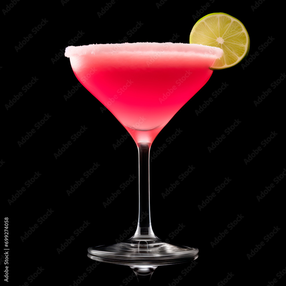 Frozen strawberry daiquiri garnished with slice of lime on a black background. Classic Hemingway cocktail
