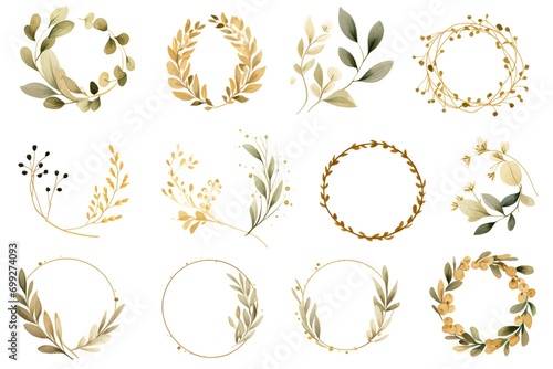 Indulge in the exquisite beauty of this stunning assortment of luxury botanical gold wedding frame elements. Each circular design is meticulously crafted with delicate glitters  graceful leaf branches