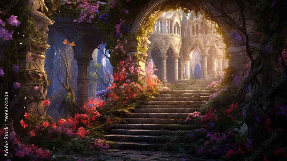 
A beautiful secret fairytale garden with flower arches and colorful greenery