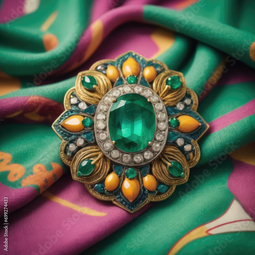 Fototapet Glamour and Color - Pop Art style photo of an Emerald brooch on a patterned scar