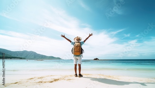 Happy man with backpack standing with arms up at the beach , Delightful tourist enjoying summer vacation by the seaside , Traveling life style and well being