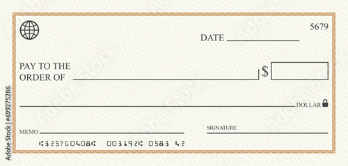 Blank bank check, checkbook cheque template or money payment paper voucher, vector mockup. Business or personal account cash pay cheque certificate or paycheck coupon from checkbook photo