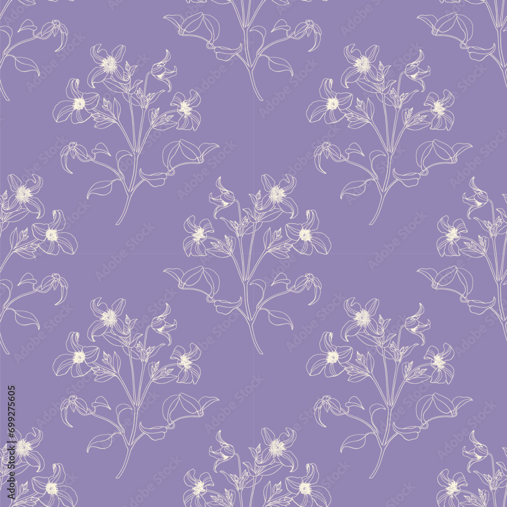Blooming branch Clematis vector seamless pattern, linear flowers beige on violet. Hand drawn elements. Delicate floral background for design packaging , textile, wallpaper, fabric, paper
