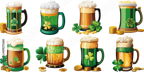 Conjunto de jarras de cerveza con tréboles y monedas de oro para la fiesta de san Patricio 01