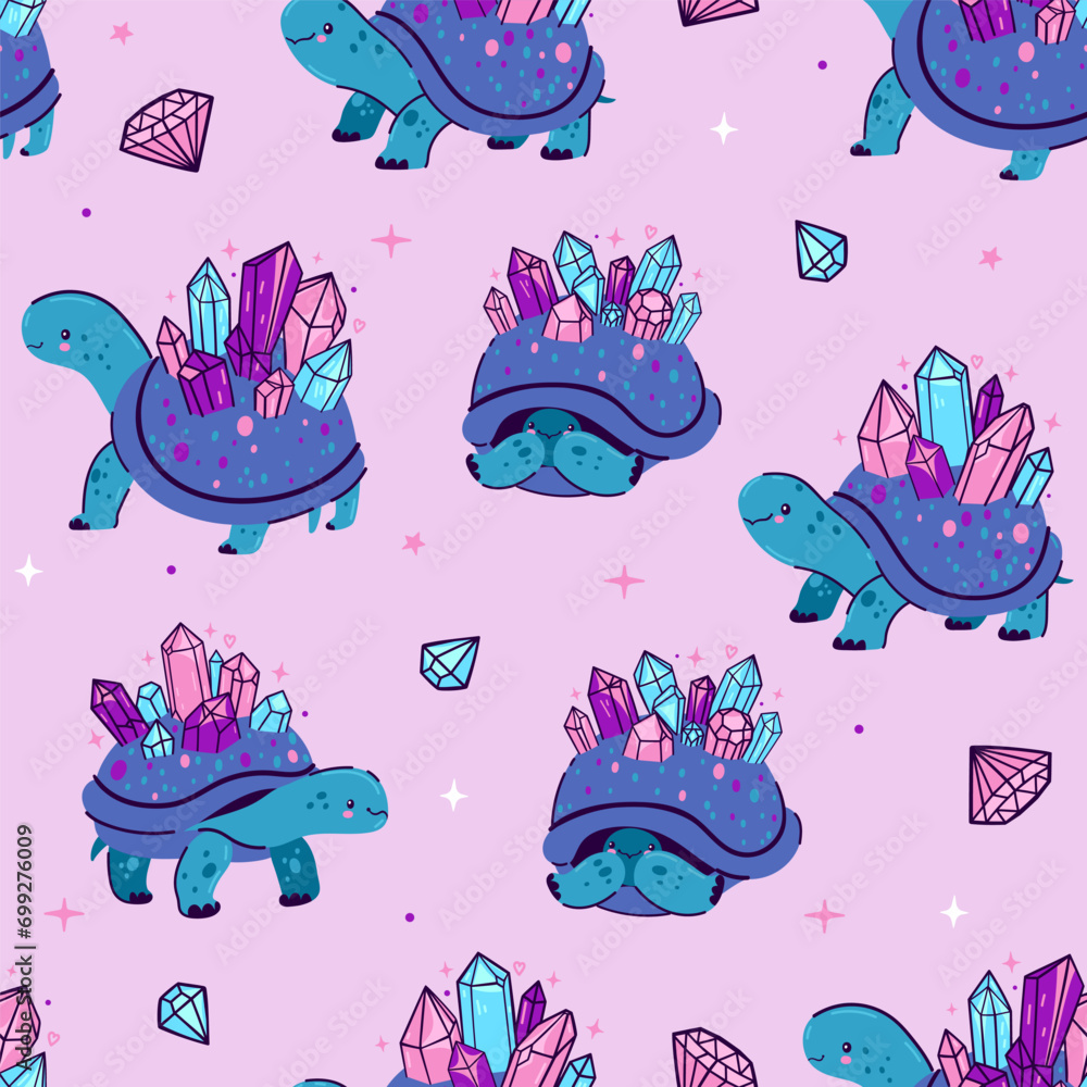 Obraz premium Seamless pattern with cute crystal turtles. Vector graphics.