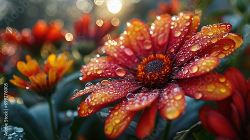 orange flower on the right of the image covered by water drops