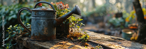 metal watering can on the left of the image on a wooden bench with green plants behind the watering can photo