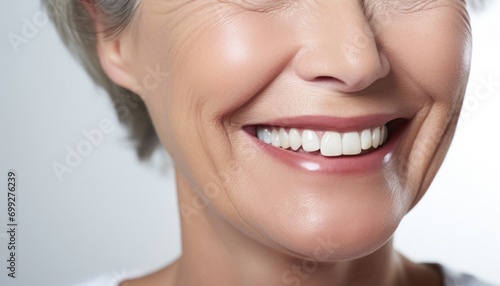 highkey Close up of smiling mature Caucasian woman white teeth