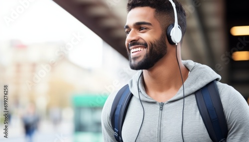 Young Latino with a beaming smile, beard and casual clothes, with white headphones, copy space