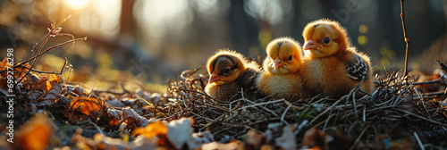 three chicks together in a nest on the ground at dawn
