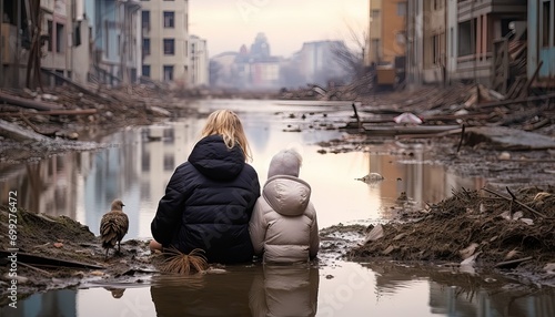 Sad mother and child looking the flooded city photo