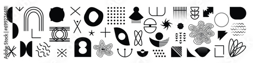 Memphis brutal primitive elements, vector set of abstract creative geometric shapes, black flat and line signs 
