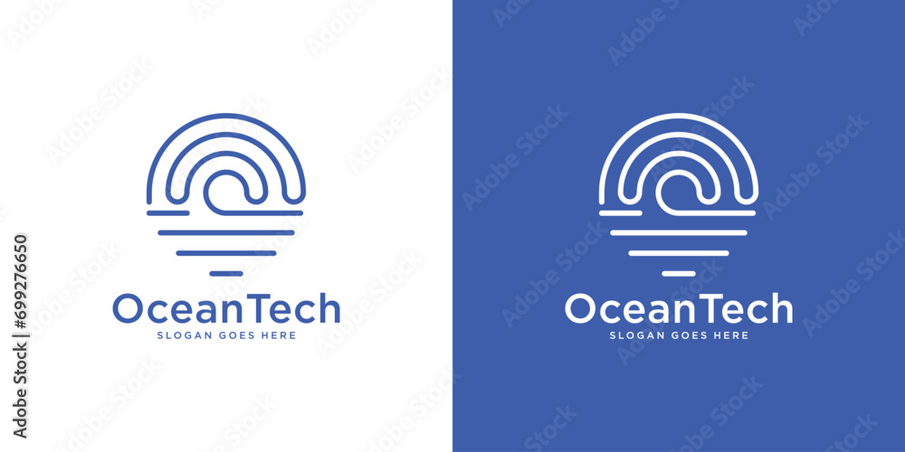 Creative Ocean Tech Logo. Wifi Ocean Sun Signal with Linear Outline Style Icon Symbol Vector Logo Design Template. Creative Ocean Tech Logo. Wifi Ocean Sun Signal with Linear Outline Style Icon Symbol Vector Logo Design Template.