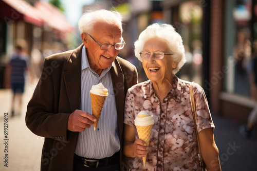 Cheerful elderly couple eating ice cream on a city street.