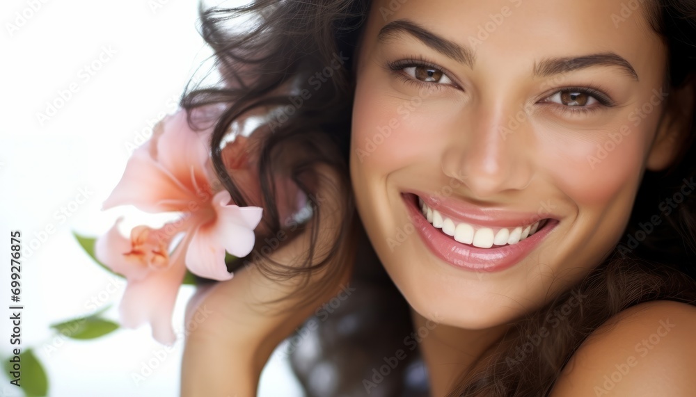 pretty smiling woman with a flower in her hand on her head, brown hair, wellness pretty smiling woman with a flower in her hand on her head, brown hair, wellness