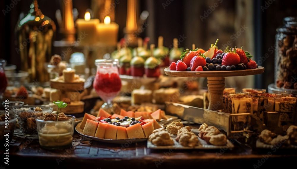 A variety of fresh, homemade desserts on a rustic wooden table generated by AI