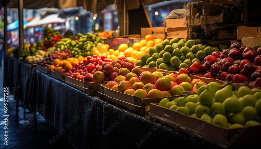 Freshness and variety of organic fruits and vegetables at the supermarket generated by AI