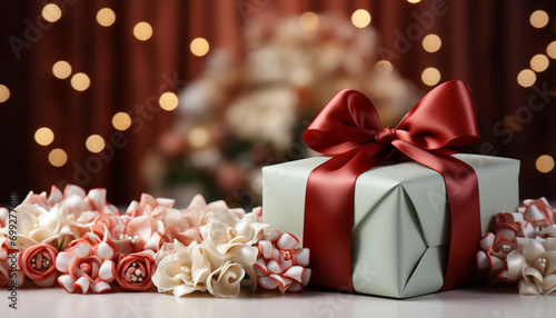 A glowing gift box illuminates the winter celebration generated by AI