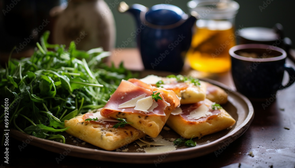 Freshness on a plate gourmet meal, healthy eating, homemade appetizer generated by AI Freshness on a plate gourmet meal, healthy eating, homemade appetizer generated by AI