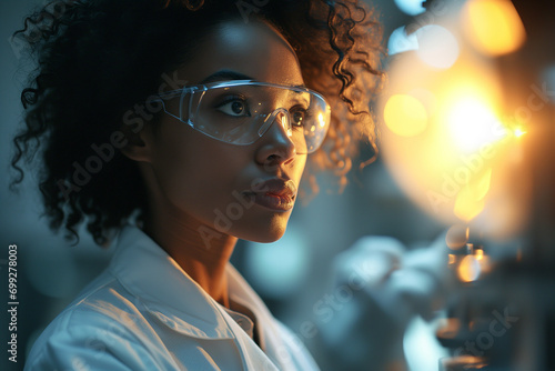 African american female scientist in white lab coat and safety glasses closeup portrait on blurred laboratory background with copy space