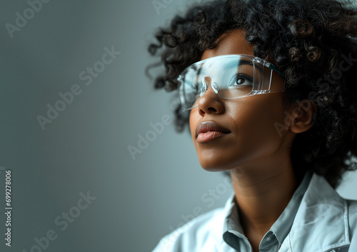 Afro american female scientist in white lab coat and safety glasses looking up closeup portrait on gray background with copy space