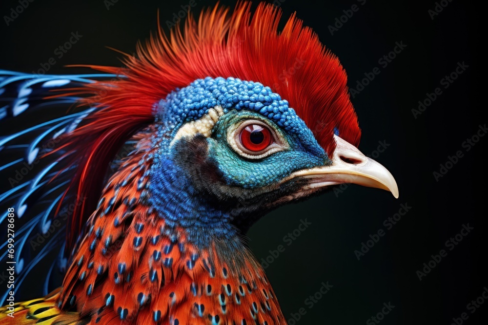 Portrait in profile of a majestic bird pheasant with vibrant feathers on black background