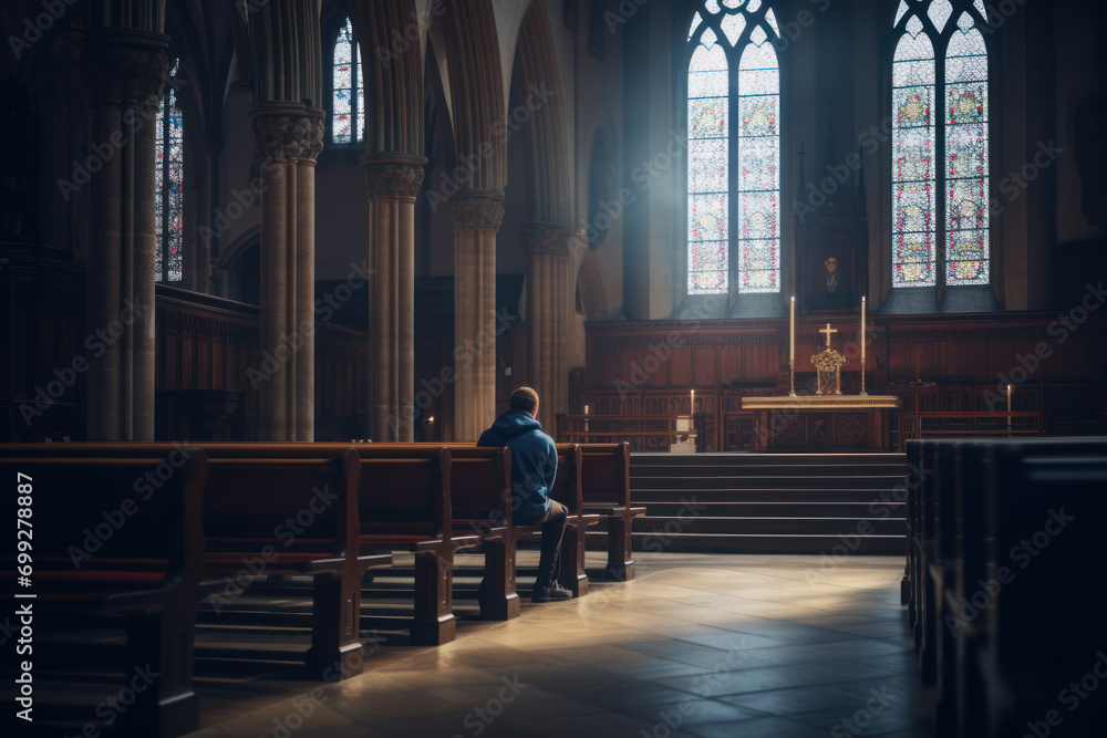 Man sitting alone in small empty church and praying - obrazy, fototapety, plakaty 