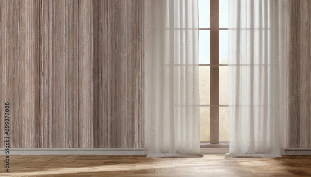 Sunlit window with billowing white curtain against beige wallpaper, evoking serenity and warmth Sunlit window with billowing white curtain against beige wallpaper, evoking serenity and warmth