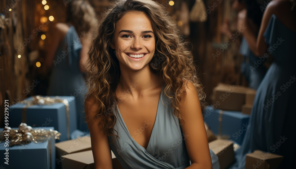 Young woman sitting indoors, looking at camera, smiling with joy generated by AI Young woman sitting indoors, looking at camera, smiling with joy generated by AI