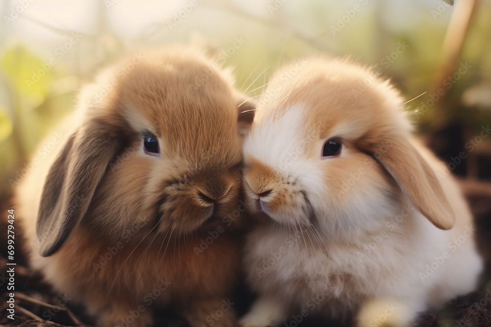Two cute Mocha mousse brown and creamy lop bunnies with their noses touching in the soft morning light. Happy Easter, Birthday, Valentine's Day, Springtime concept for card, postcard, poster,
