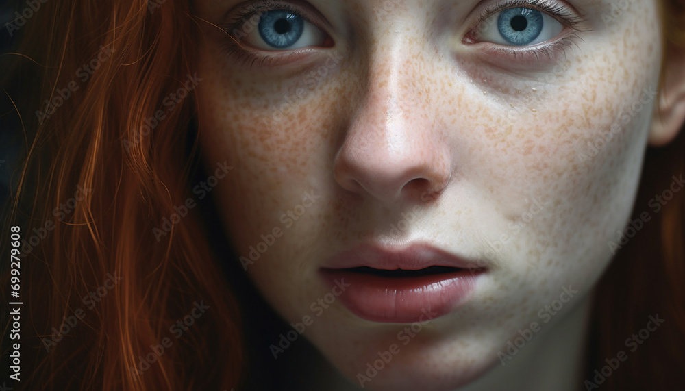 One cute young adult girl with blue eyes looking at camera generated by AI