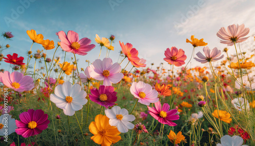 Vibrant multicolored cosmos flowers bloom in a sunlit meadow against a clear blue sky, representing the beauty of nature in spring © Your Hand Please