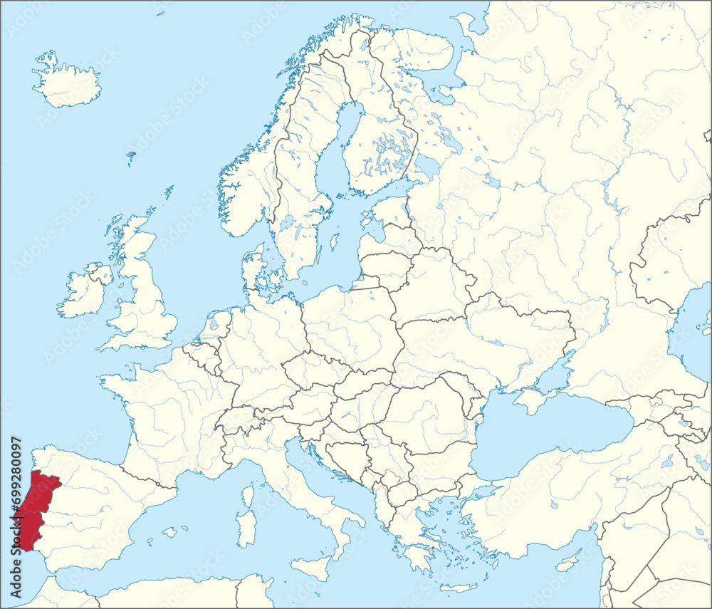 Fototapeta premium Red CMYK national map of PORTUGAL inside detailed beige blank political map of European continent with rivers and lakes on blue background using Mercator projection