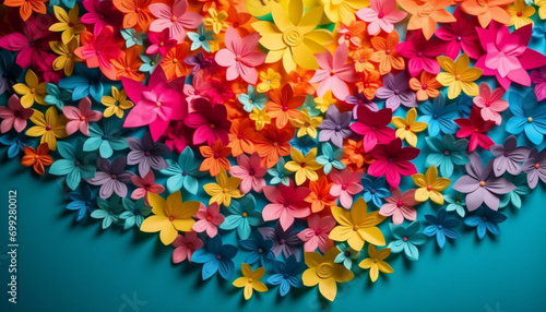 Abstract multi colored backdrop with vibrant colored flowers and green leaves generated by AI